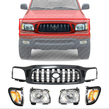 Front Grille Primed Shell & Insert + HeadLight & Corner Lamp Left Driver & Right Passenger Side Direct Replacement Compatible With 2001-2004 Toyota Tacoma TO2502136 TO2503136