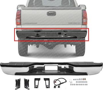 Rear Bumper Chrome Steel Fleetside Bed With Pad Provision & Mounting Bracket Direct Replacement Compatible With 2001-2006 Chevrolet Silverado/GMC Sierra 2500HD 3500 GM1103129
