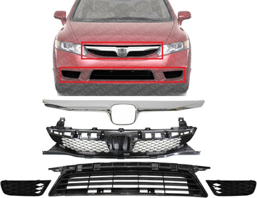 Front Bumper Upper & Lower Grille Assembly + Molding Chrome + Fog Lights Cover Left Driver & Right Passenger Side Direct Replacement Compatible With 2009-2011 Honda Civic HO1200198