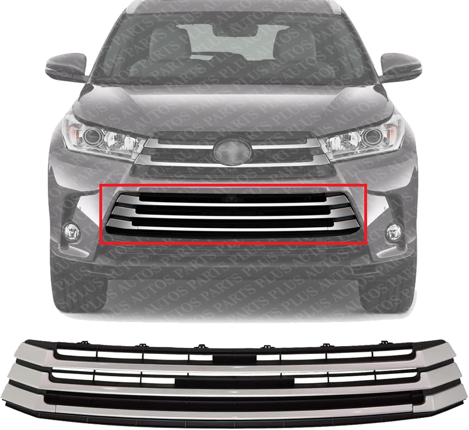 Front Bumper Grille Primed With Silver Molding Plastic Direct Replacement Compatible With 2017-2019 Toyota Highlander TO1036173 531020E070