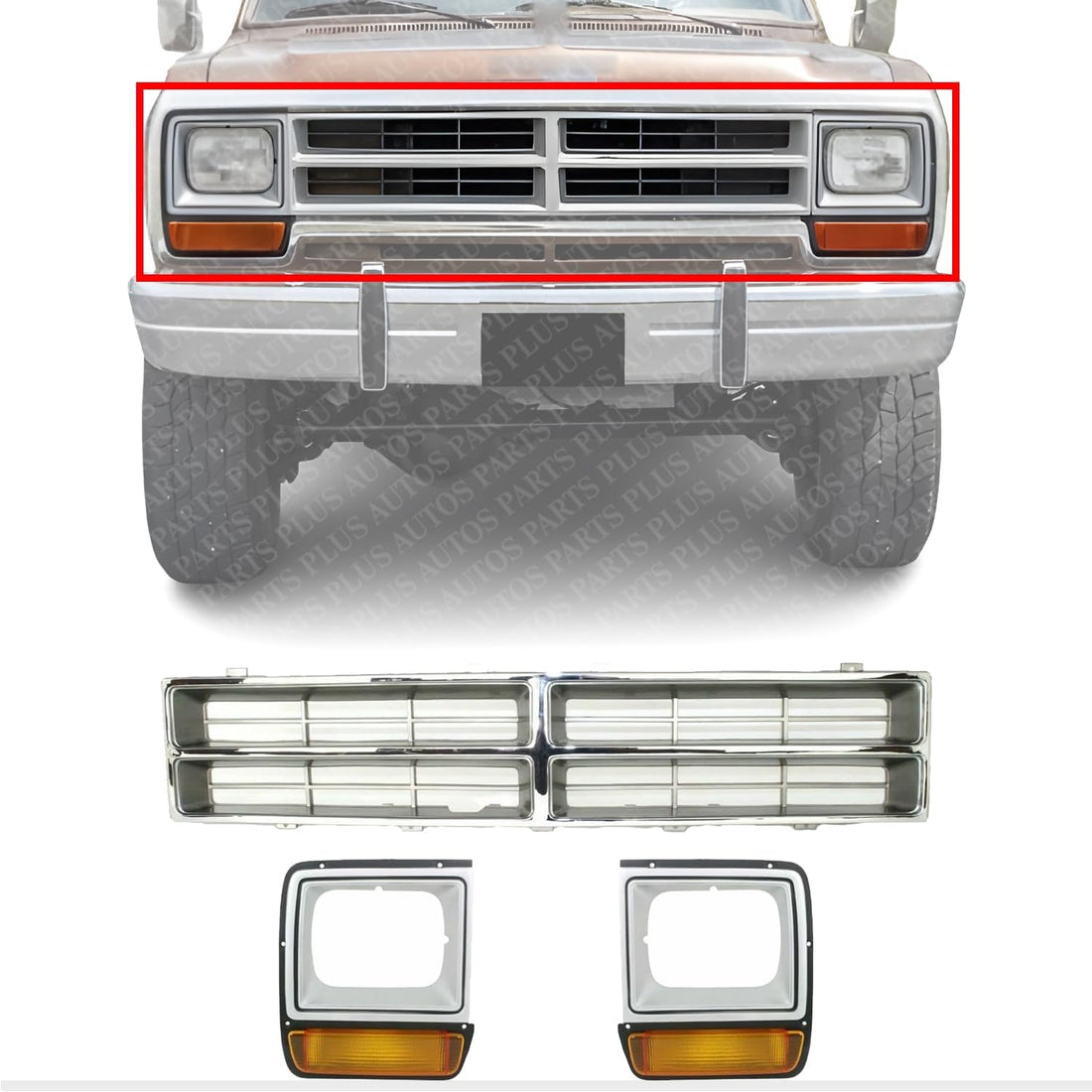Front Grille Insert Chrome Plastic + Headlight Bezels Painted Silver Right Passenger & Left Driver Side Direct Replacement Compatible With Dodge Full Size Pickup 1986-1990 CH1200103