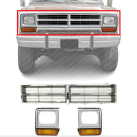 Front Grille Insert Chrome Plastic + Headlight Bezels Painted Silver Right Passenger & Left Driver Side Direct Replacement Compatible With Dodge Full Size Pickup 1986-1990 CH1200103