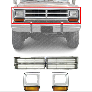 Front Grille Insert Chrome Plastic + Headlight Bezels Painted Silver Right Passenger & Left Driver Side Direct Replacement Compatible With Dodge Full Size Pickup 1986-1990 CH1200103