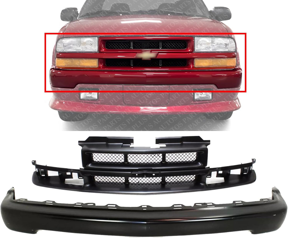 AUTOS PARTS PLUS Front Bumper Primed Steel + Grille Primed Shell & With Mesh Insert Direct Replacement Compatible With 1998-2005 Chevrolet Blazer / 1998-2004 S-10 GM1002367 GM1200418 15007660 12472710