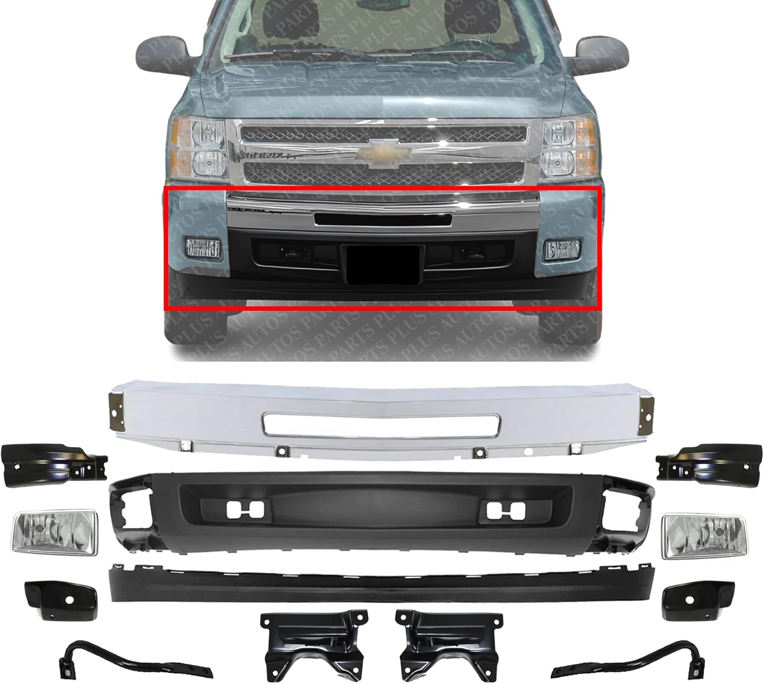 Front Bumper Chrome Steel + Lower Valance + Extension + Fog Light + Set of 8 Brackets Left & Right Side Direct Replacement Compatible With 2007-2013 Chevrolet Silverado 1500