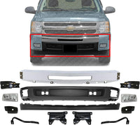 Front Bumper Chrome Steel + Lower Valance + Extension + Fog Light + Set of 8 Brackets Left & Right Side Direct Replacement Compatible With 2007-2013 Chevrolet Silverado 1500