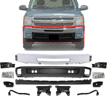 Front Bumper Chrome Steel + Lower Valance + Extension + Fog Light + Set of 8 Brackets Left & Right Side Direct Replacement Compatible With 2007-2013 Chevrolet Silverado 1500