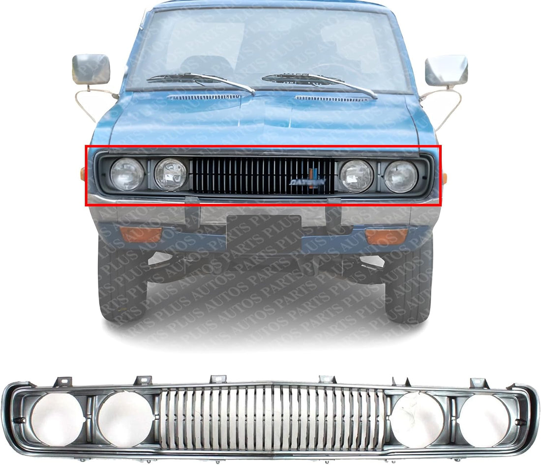 Front Grille Assembly Painted Silver Shell And Insert Plastic With Molding Direct Replacement Compatible With 1972-1979 Nissan 620 NI1200103 F2301B9501