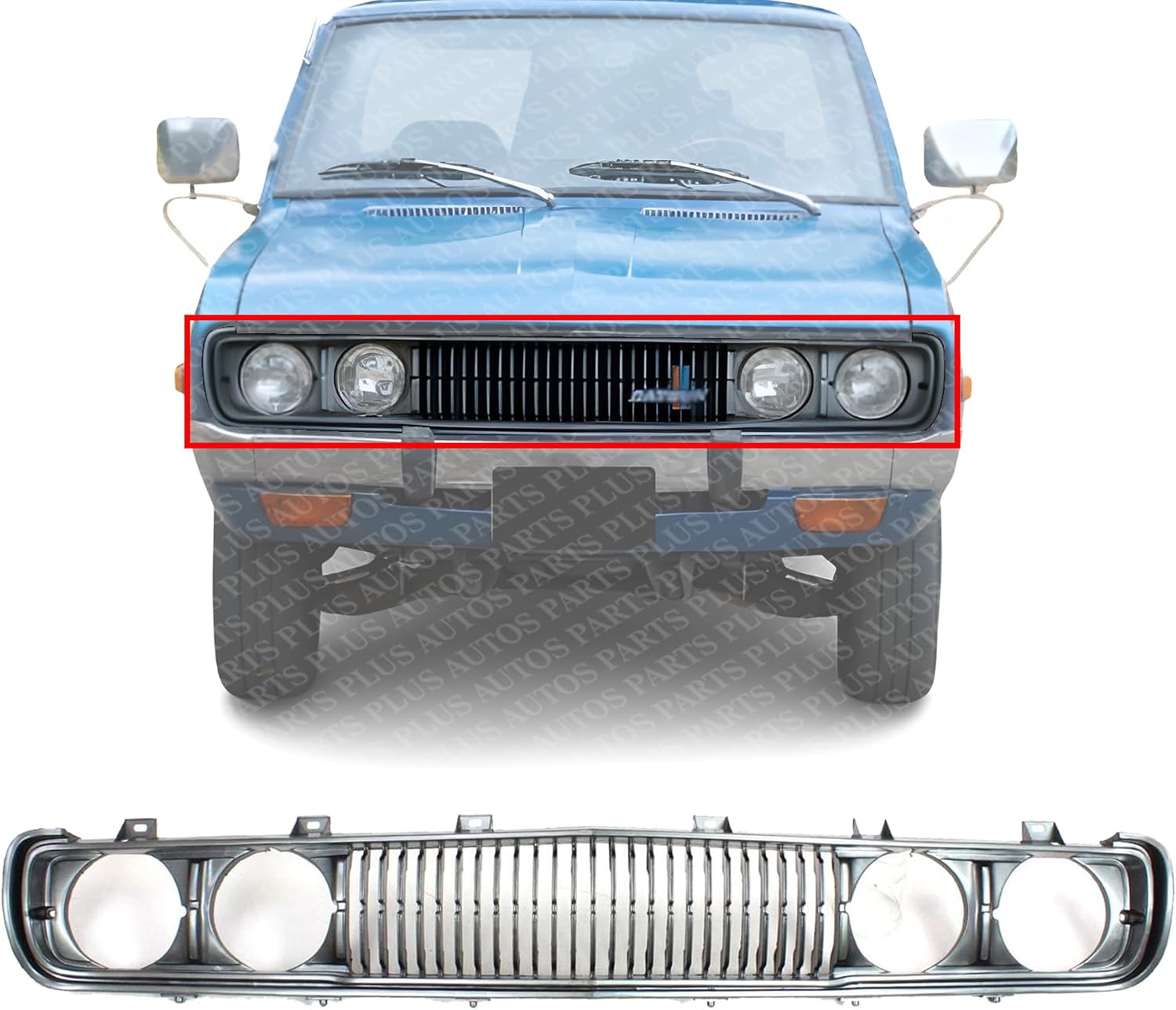 Front Grille Assembly Painted Silver Shell And Insert Plastic With Molding Direct Replacement Compatible With 1972-1979 Nissan 620 NI1200103 F2301B9501