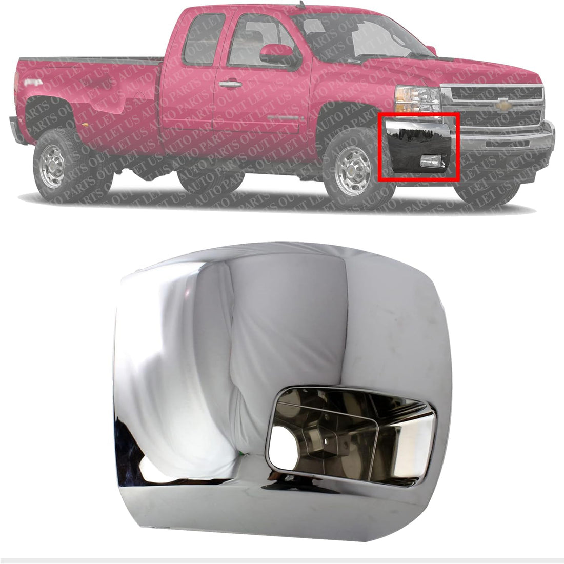 Front Bumper End Cap With Fog Light Hole Chrome Plastic Right Passenger Side Direct Replacement Compatible With 2007-2012 Chevrolet Silverado 2500 HD 3500 HD GM1017108 15839252