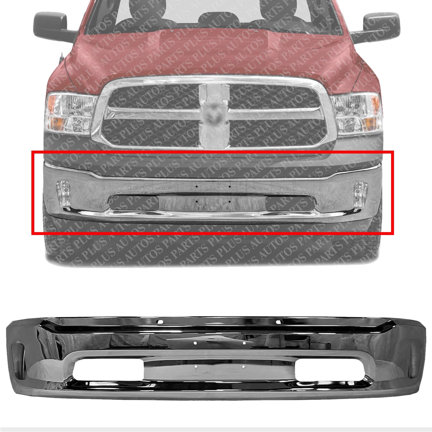 Front Lower Bumper Chrome Steel With Fog Light Holes Direct Replacement Compatible With 2013-2018 Ram 1500 CH1002396 68160853AB