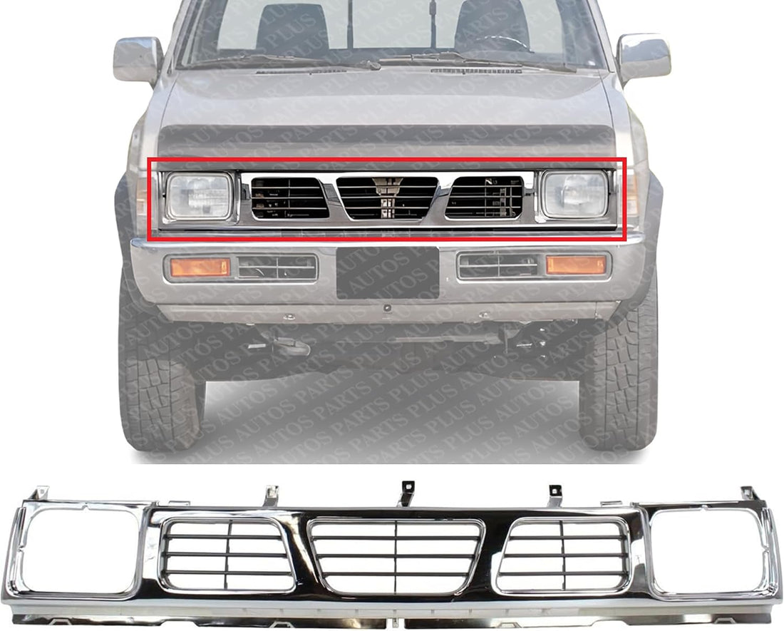 Front Grille Chrome Shell With Gray Insert Plastic Direct Replacement Compatible With 1993-1997 Nissan Pickup NI1200116 6231055G10