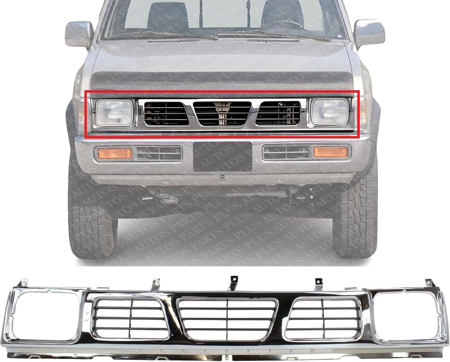 Front Grille Chrome Shell With Gray Insert Plastic Direct Replacement Compatible With 1993-1997 Nissan Pickup NI1200116 6231055G10