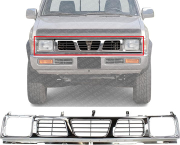 Front Grille Chrome Shell With Gray Insert Plastic Direct Replacement Compatible With 1993-1997 Nissan Pickup NI1200116 6231055G10