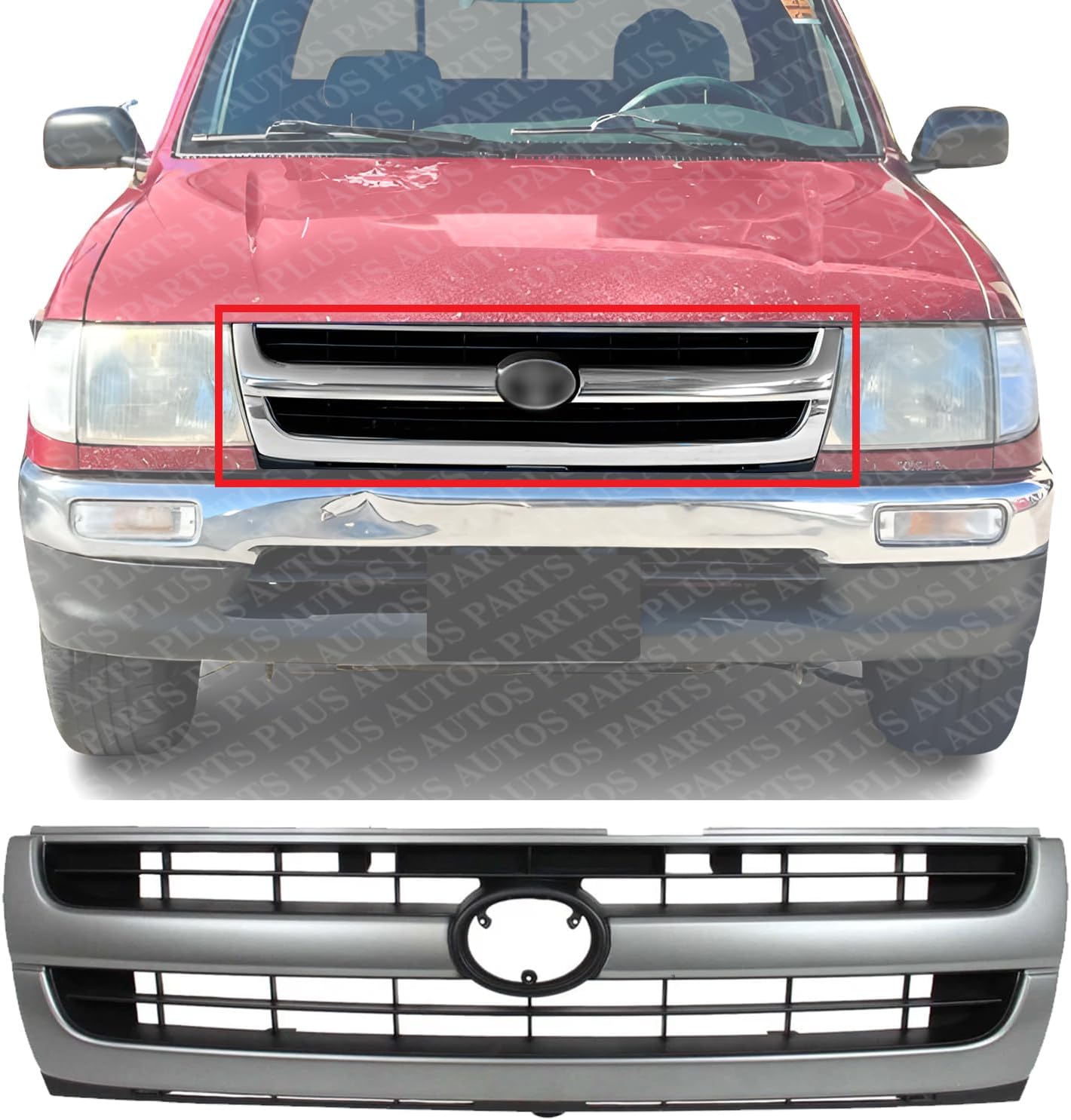 Front Grille Assembly Painted Silver Shell With Black Insert Plastic Direct Replacement Compatible With 1997-2000 Toyota Tacoma TO1200204 5310004060