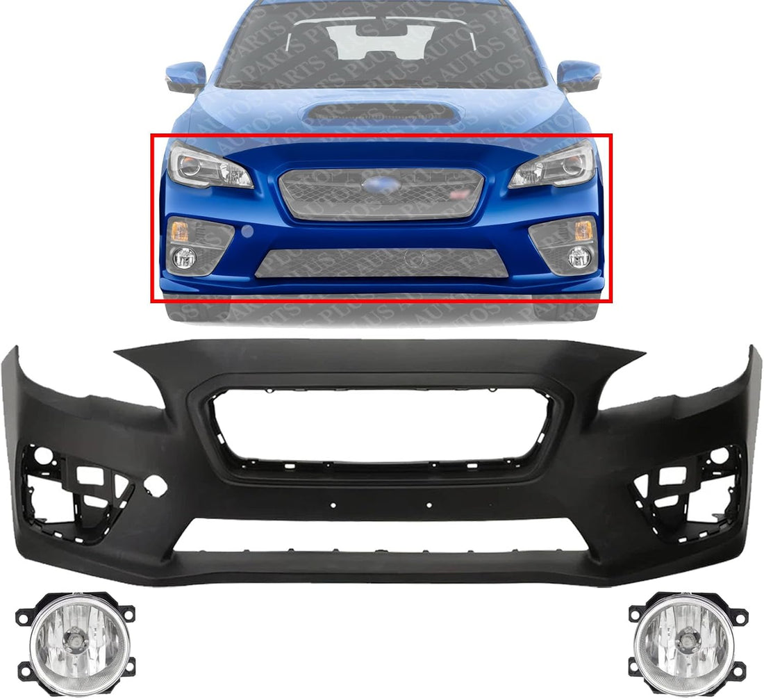 Front Bumper Cover Primed Plastic + Fog Lights Left Driver & Right Passenger Side Direct Replacement Compatible With 2015-2017 Subaru WRX
