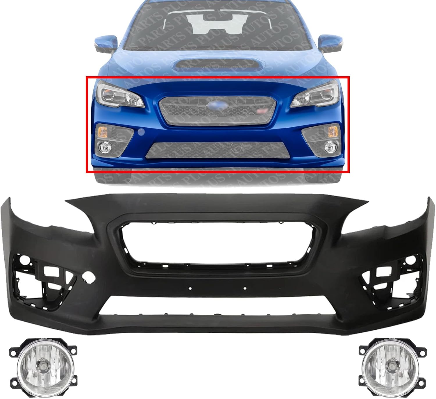 Front Bumper Cover Primed Plastic + Fog Lights Left Driver & Right Passenger Side Direct Replacement Compatible With 2015-2017 Subaru WRX
