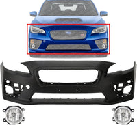 Front Bumper Cover Primed Plastic + Fog Lights Left Driver & Right Passenger Side Direct Replacement Compatible With 2015-2017 Subaru WRX