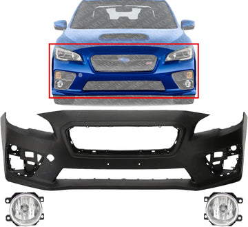 Front Bumper Cover Primed Plastic + Fog Lights Left Driver & Right Passenger Side Direct Replacement Compatible With 2015-2017 Subaru WRX