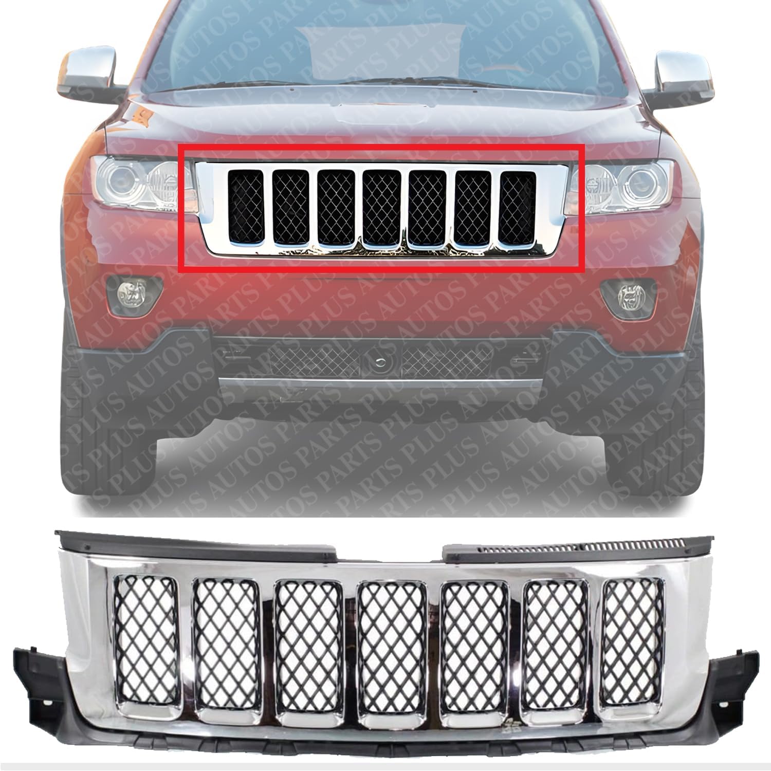 Front Grille Chrome Shell With Painted Black Insert Direct Replacement Compatible With 2011-2013 Jeep Grand Cherokee CH1200363 57010708AE