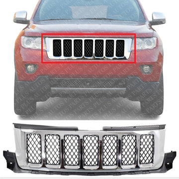 Front Grille Chrome Shell With Painted Black Insert Direct Replacement Compatible With 2011-2013 Jeep Grand Cherokee CH1200363 57010708AE