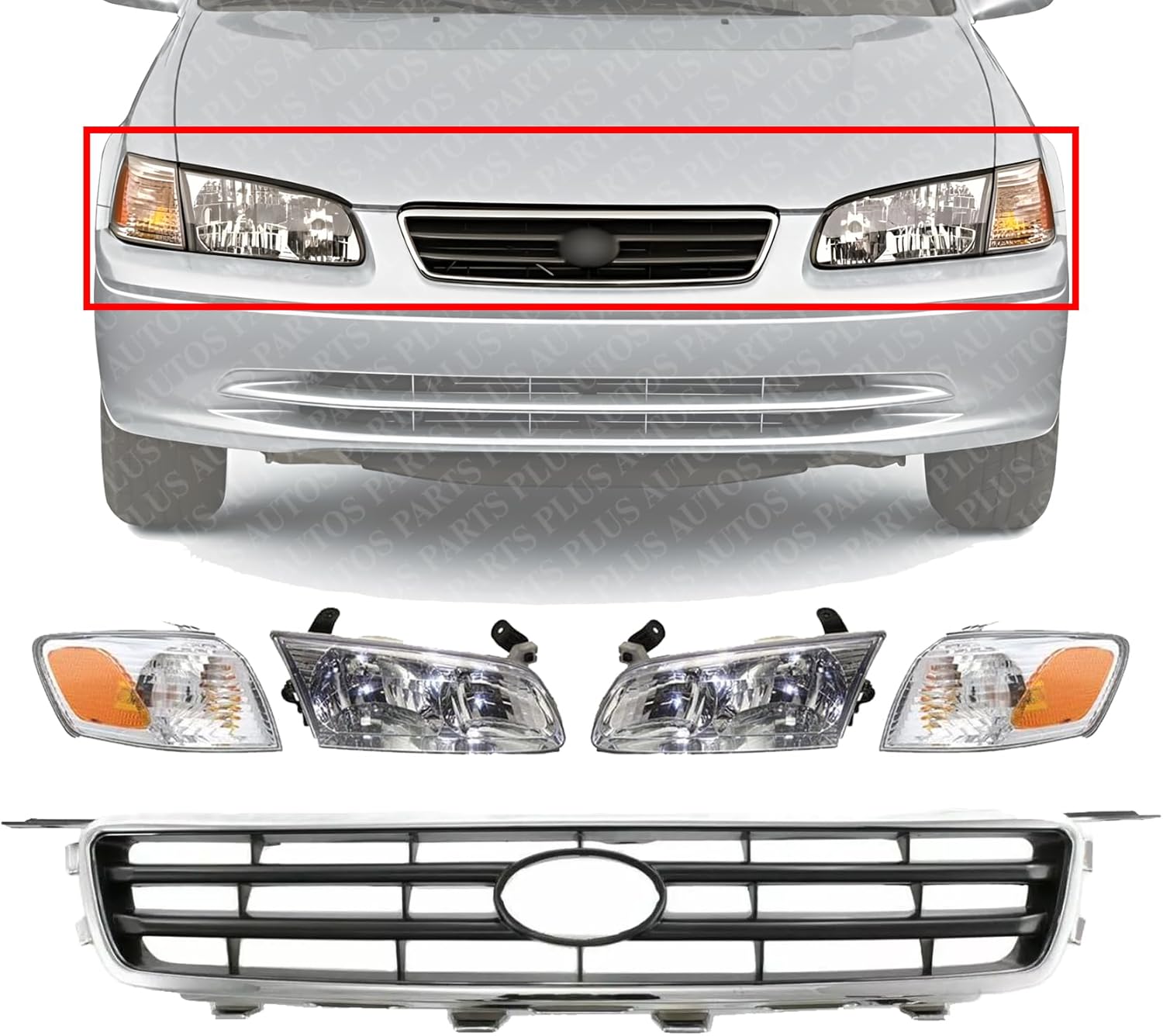 Front Grille Chrome Shell With Painted Silver Insert + Headlights + Corner Lamps Assembly Right Passenger & Left Driver Side Direct Replacement Compatible With Toyota Camry 2000-2001
