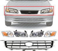Front Grille Chrome Shell With Painted Silver Insert + Headlights + Corner Lamps Assembly Right Passenger & Left Driver Side Direct Replacement Compatible With Toyota Camry 2000-2001