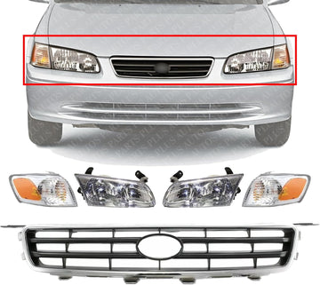 Front Grille Chrome Shell With Painted Silver Insert + Headlights + Corner Lamps Assembly Right Passenger & Left Driver Side Direct Replacement Compatible With Toyota Camry 2000-2001