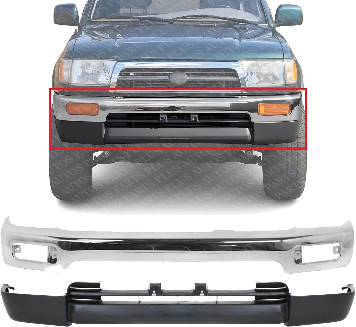 Front Bumper Face Bar Chrome Steel + Lower Valance Panel Textured Plastic Direct Replacement Compatible With 1996-1998 Toyota 4Runner TO1002172 TO1095176 5391135910 5210135320
