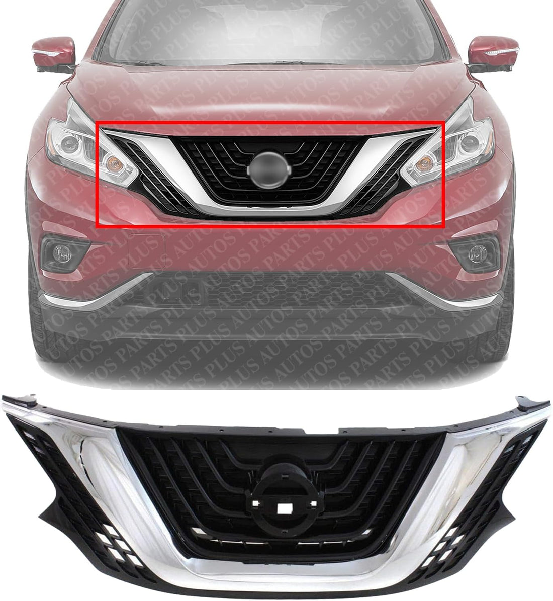 Front Grille Chrome Shell With Primed Insert Plastic Direct Replacement Compatible With 2015-2018 Nissan Murano NI1200278 623109UA8A