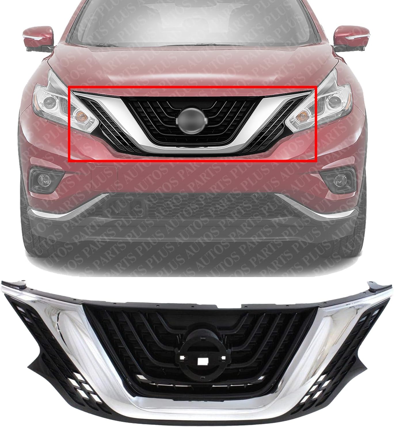 Front Grille Chrome Shell With Primed Insert Plastic Direct Replacement Compatible With 2015-2018 Nissan Murano NI1200278 623109UA8A
