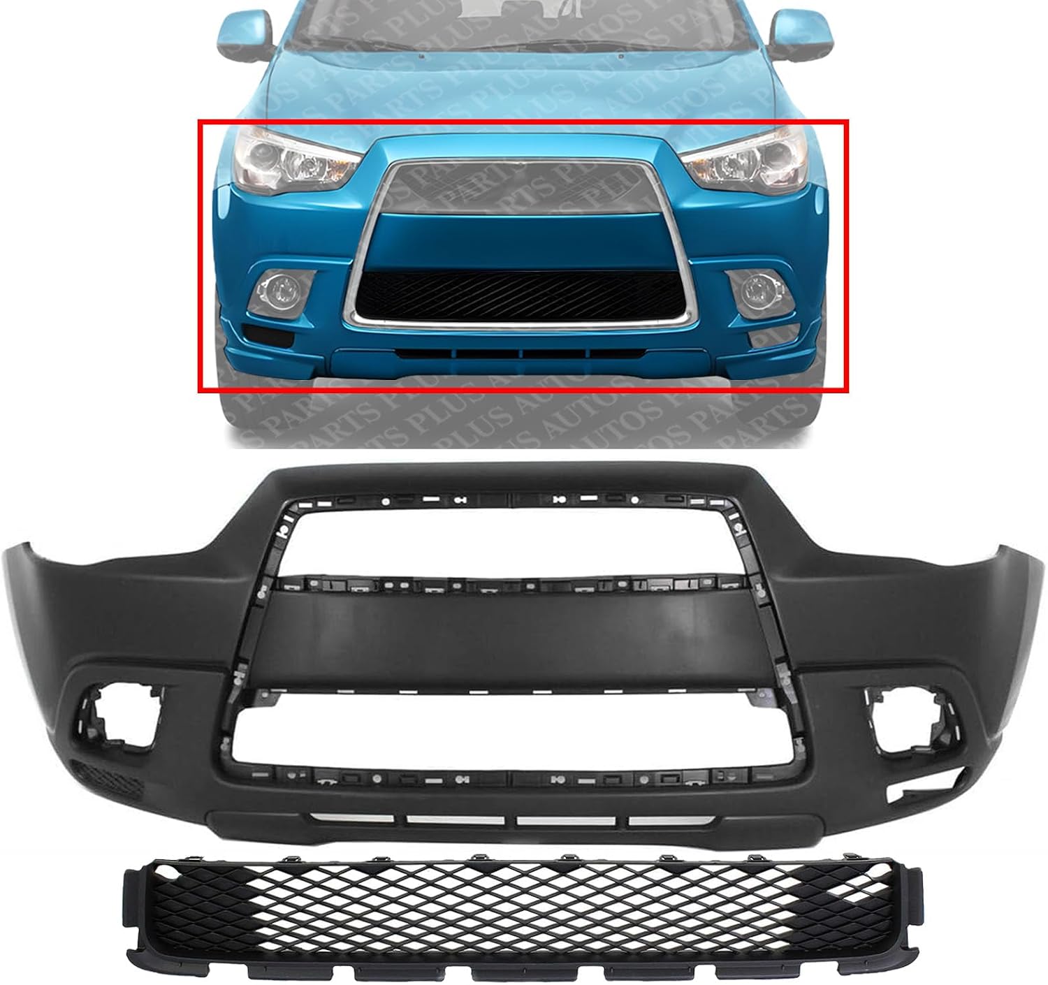 Front Bumper Cover Primed Plastic + Lower Grille Direct Replacement Compatible With 2011-2012 Mitsubishi Outlander/RVR