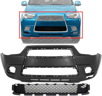 Front Bumper Cover Primed Plastic + Lower Grille Direct Replacement Compatible With 2011-2012 Mitsubishi Outlander/RVR