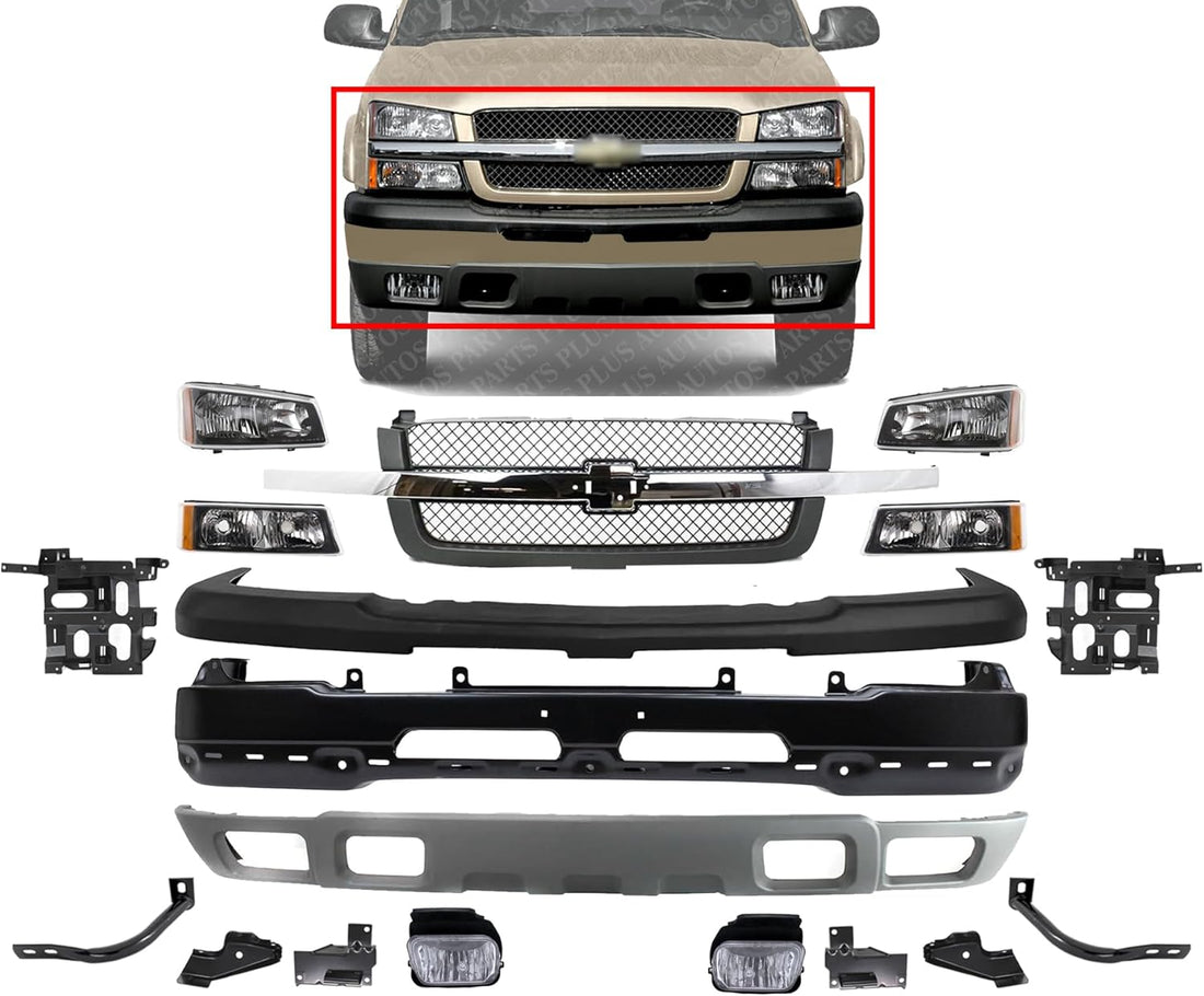 Front Bumper Primed Steel + Grille + Upper Cover + Lower Valance + Brackets + Headlights + Fog Lamps Left & Right Direct Replacement Compatible With 2003-2006 Chevy Silverado 1500
