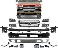 Front Bumper Primed Steel + Grille + Upper Cover + Lower Valance + Brackets + Headlights + Fog Lamps Left & Right Direct Replacement Compatible With 2003-2006 Chevy Silverado 1500
