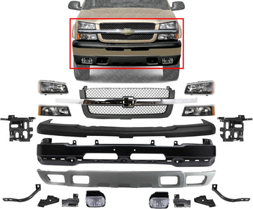 Front Bumper Primed Steel + Grille + Upper Cover + Lower Valance + Brackets + Headlights + Fog Lamps Left & Right Direct Replacement Compatible With 2003-2006 Chevy Silverado 1500