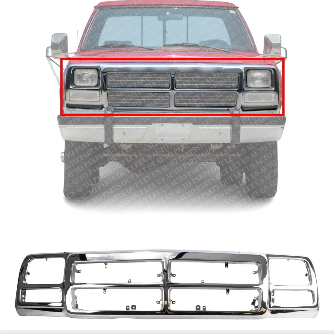 Front Grille Surround Frame Chrome Plastic Direct Replacement Compatible With 1991-1993 Dodge Full Size Pickup CH1200137 83506568AB