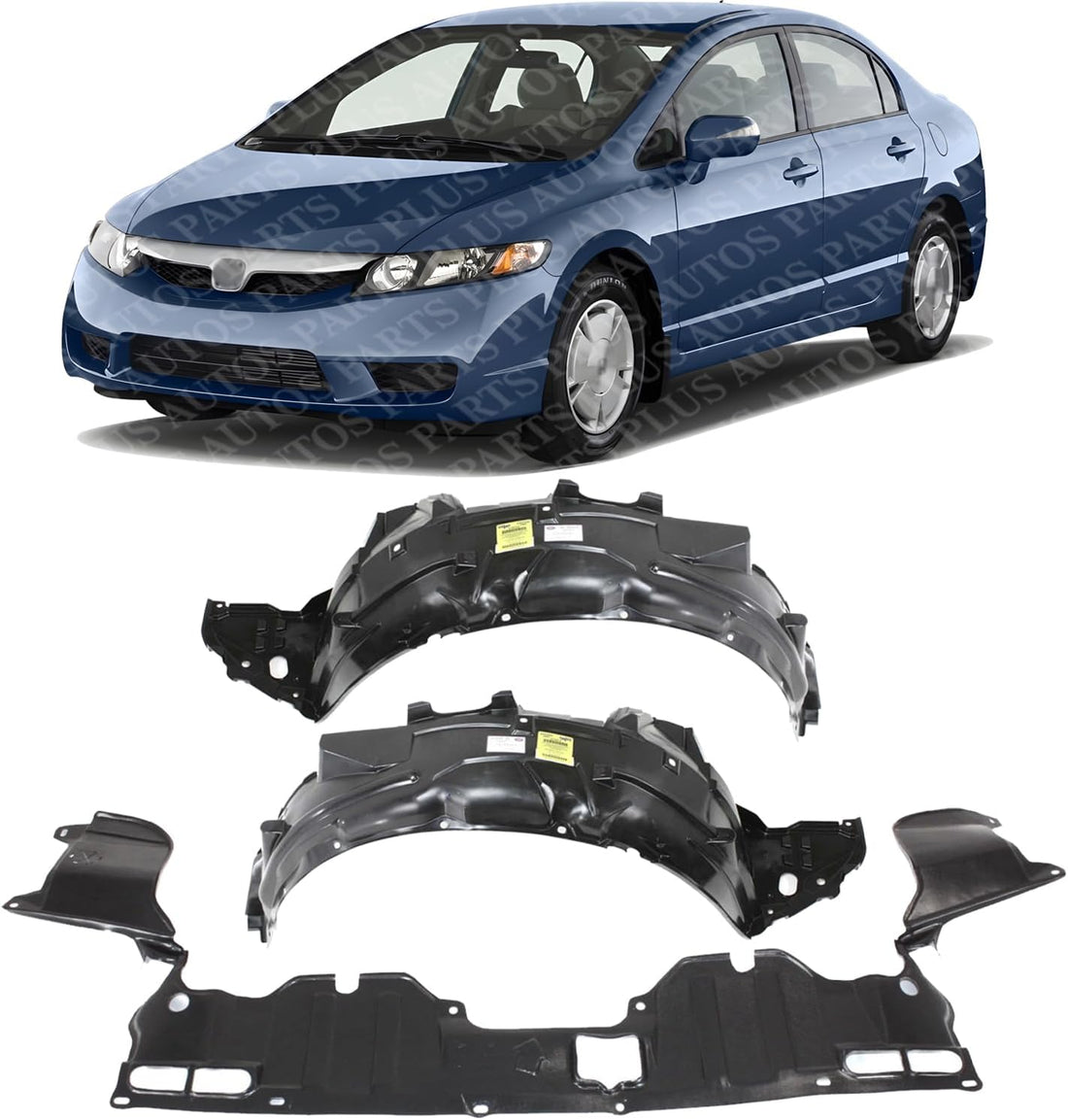 Front Engine Splash Shield + Fender Liner Left Driver & Right Passenger Side Direct Replacement Compatible With 2006-2011 Honda Civic ‎HO1228112 HO1249134 HO1248134 74111SNAA00