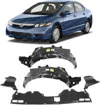 Front Engine Splash Shield + Fender Liner Left Driver & Right Passenger Side Direct Replacement Compatible With 2006-2011 Honda Civic ‎HO1228112 HO1249134 HO1248134 74111SNAA00