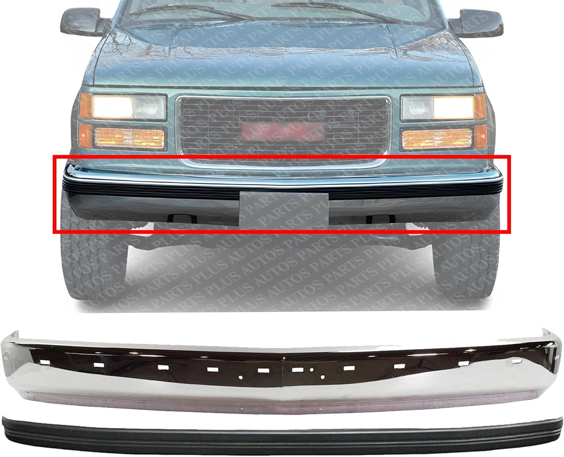 Front Bumper Face Bar Chrome With Pad Holes + Molding Impact Strip Direct Replacement Compatible With 1988-2000 Chevrolet & GMC C/K-Series GM1002802 GM1057127 15574113 15574111