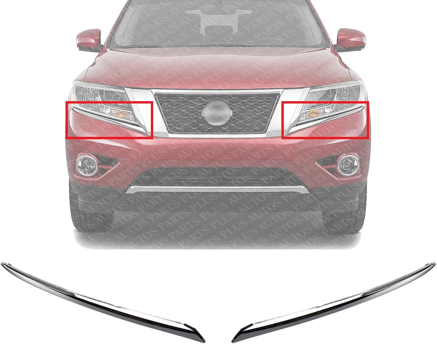 Set Of 2 Front Bumper Molding Chrome Left Driver & Right Passenger Side Direct Replacement Compatible With 2013-2016 Nissan Pathfinder NI1047102 NI1046102 620743KA0A 620753KA0A