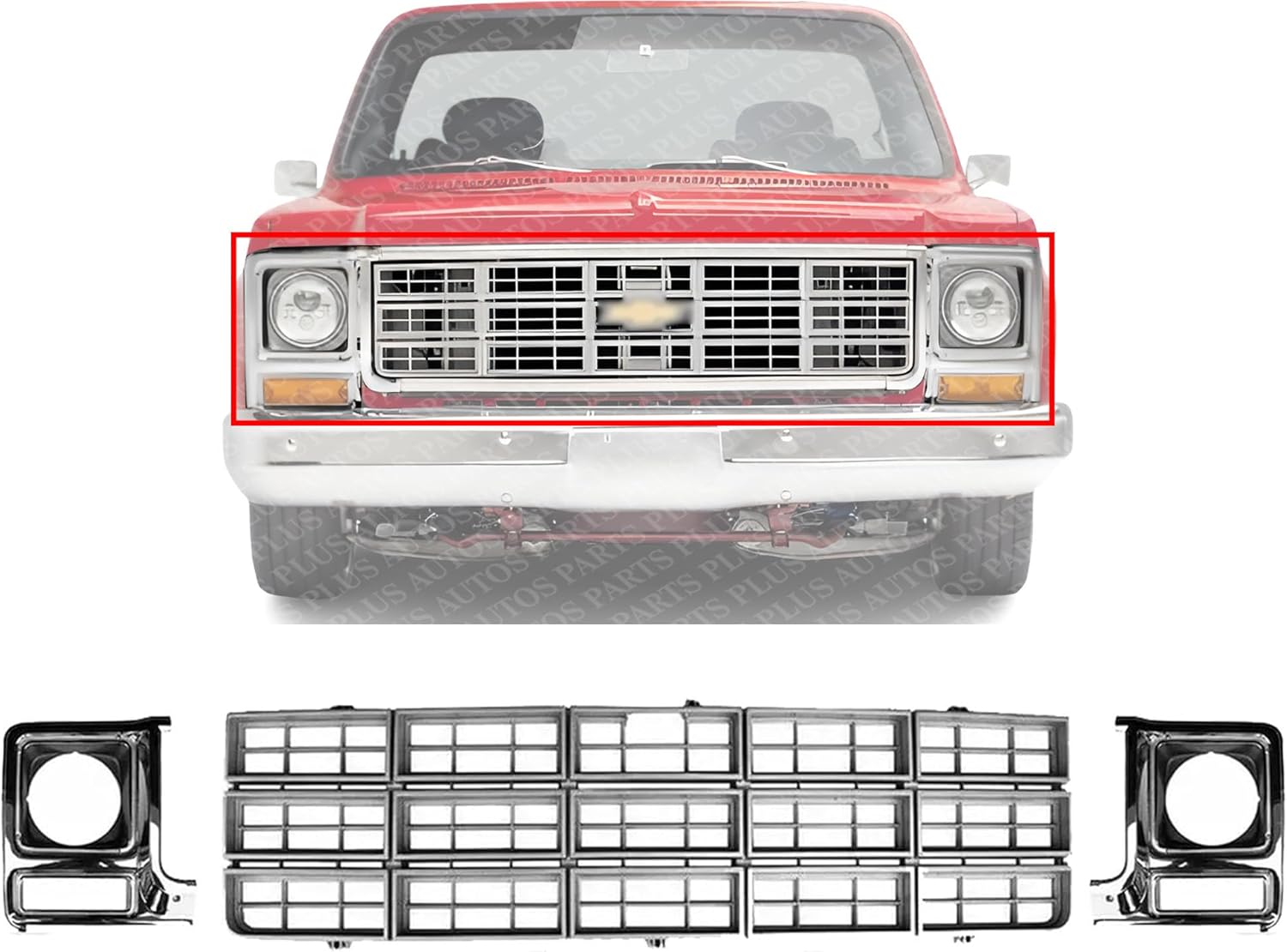Front Grille Argent Shell And Insert + Head Lights Door Bezel Chrome Left & Right Side Direct Replacement Compatible With 1979-1980 Chevrolet/GMC C/K Series/Suburban