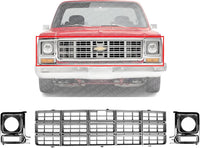 Front Grille Argent Shell And Insert + Head Lights Door Bezel Chrome Left & Right Side Direct Replacement Compatible With 1979-1980 Chevrolet/GMC C/K Series/Suburban