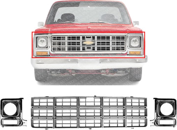 Front Grille Argent Shell And Insert + Head Lights Door Bezel Chrome Left & Right Side Direct Replacement Compatible With 1979-1980 Chevrolet/GMC C/K Series/Suburban