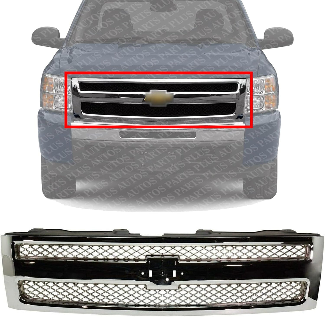 Front Grille Chrome Shell And Mesh Insert Direct Replacement Compatible With 2007-2013 Chevrolet Silverado 1500 GM1200655 22849840