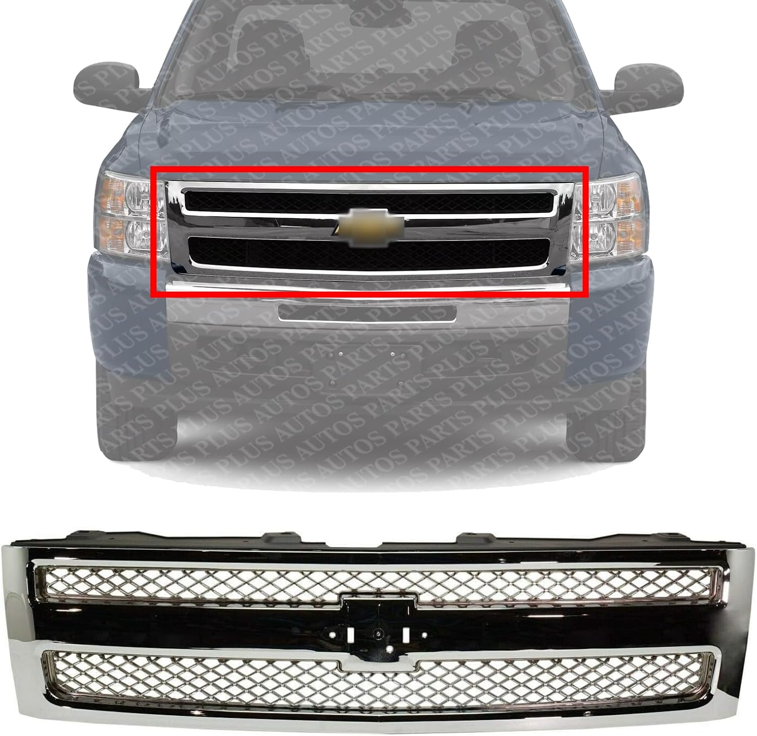 Front Grille Chrome Shell And Mesh Insert Direct Replacement Compatible With 2007-2013 Chevrolet Silverado 1500 GM1200655 22849840
