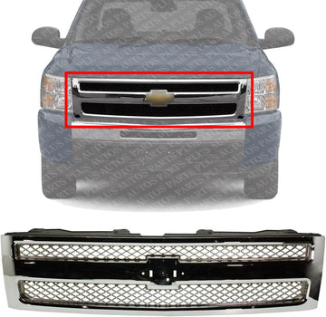 Front Grille Chrome Shell And Mesh Insert Direct Replacement Compatible With 2007-2013 Chevrolet Silverado 1500 GM1200655 22849840