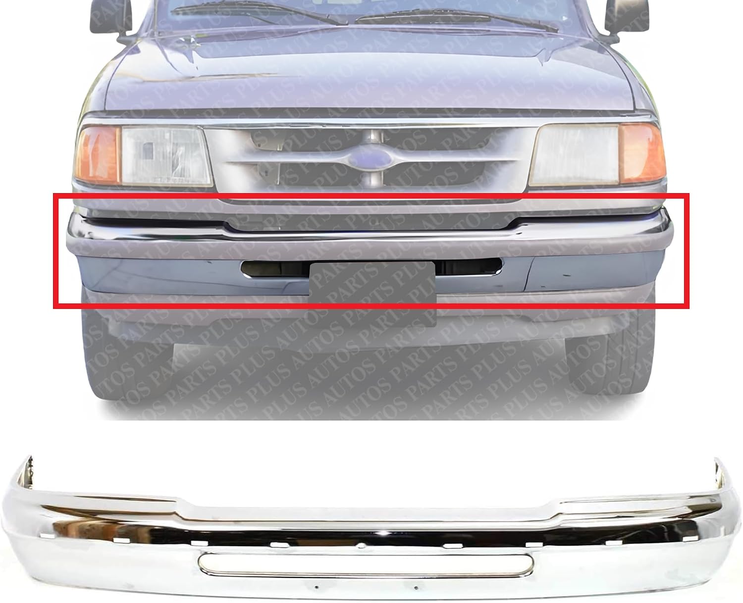 Front Bumper Chrome Steel With Molding Holes Direct Replacement Compatible With 1993-1997 Ford Ranger FO1002244 F57Z17757AA