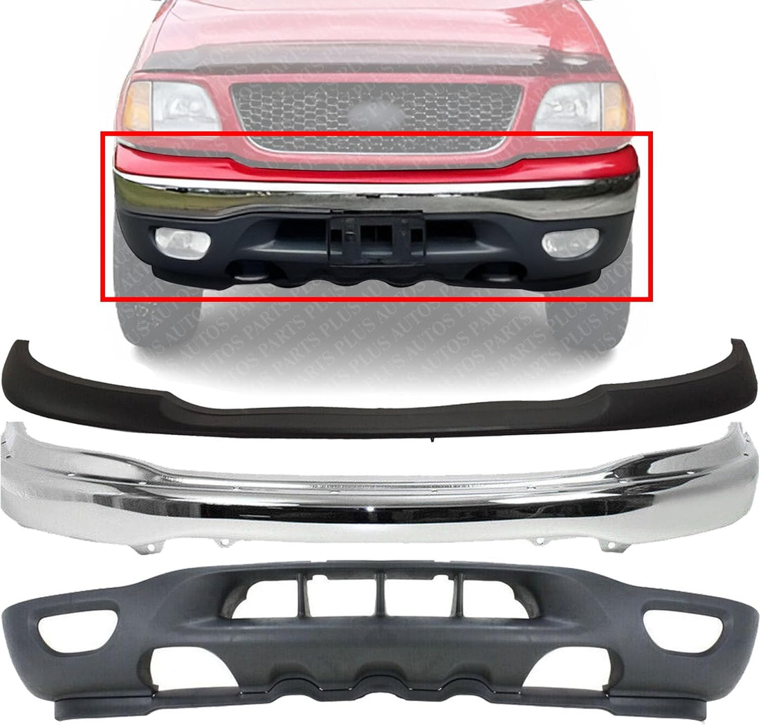 Front Bumper Chrome Steel + Upper Cover Primed + Lower Valance Textured with Fog Light & Tow Hook Holes Direct Replacement Compatible With 1999-2003 Ford F-150/1999-2002 Expedition