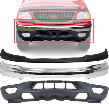 Front Bumper Chrome Steel + Upper Cover Primed + Lower Valance Textured with Fog Light & Tow Hook Holes Direct Replacement Compatible With 1999-2003 Ford F-150/1999-2002 Expedition